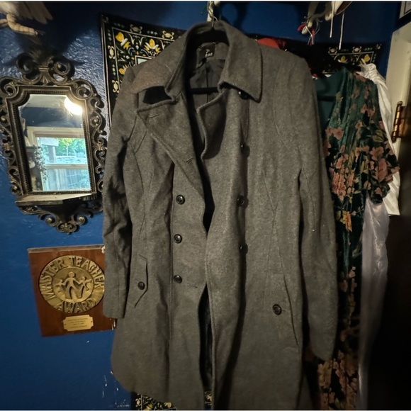 Women's Double-Breasted Gray Wool Pea Coat Rare Large Tall size - Picture 3 of 4